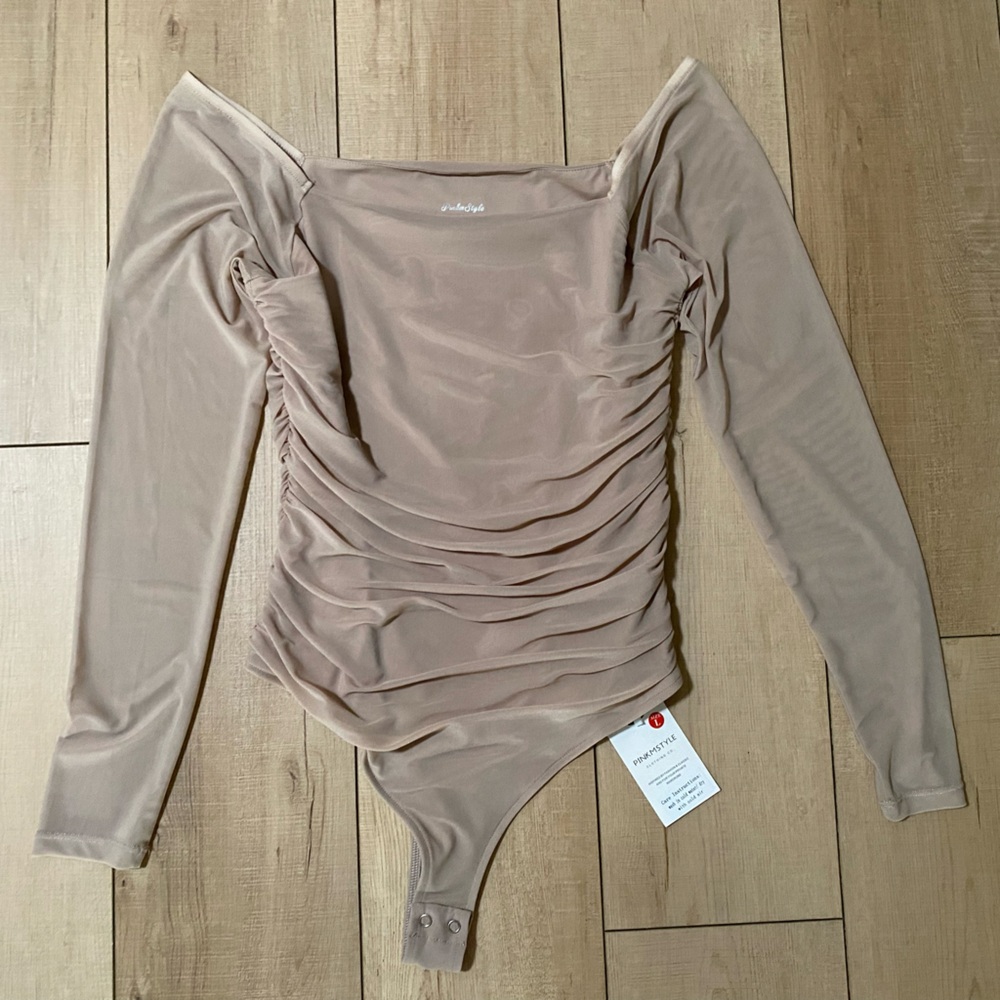 Pinkmstyle mesh long sleeve Ruched Bodysuit - Taupe, Size L